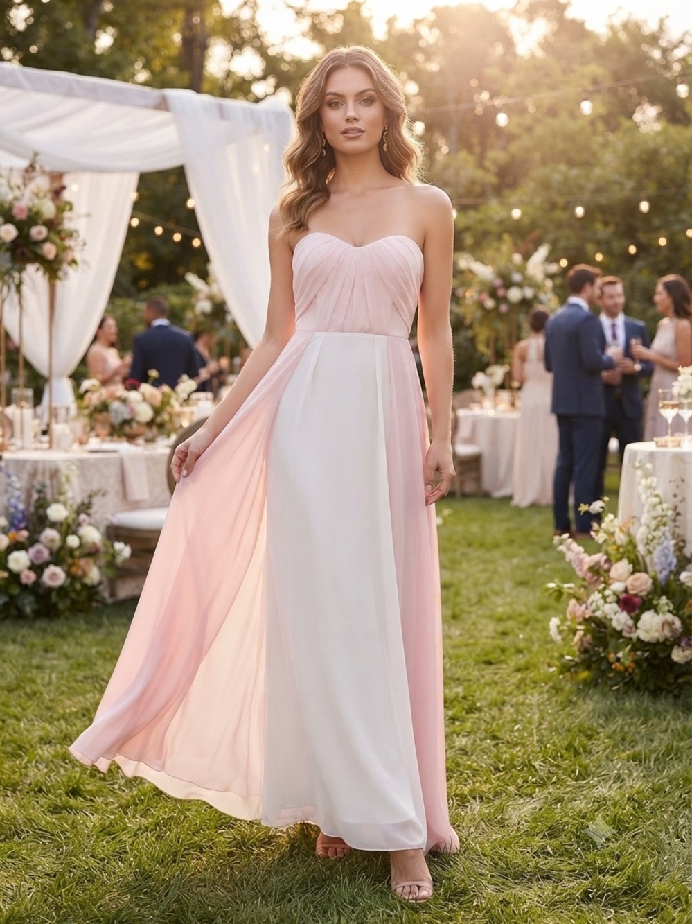 Jim Hjelm Occasions Strapless Pink and White Chiffon Maxi Dress 12